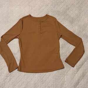 Elegant Ribbed Brown Long Sleeve Top